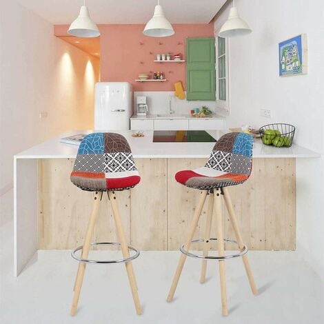 WOLTU Sgabelli da Bar Sedia Cucina con Schienale Tessuto di Lino Gambe Legno 2PZ Patchwork 1 in Tessuto di Lino