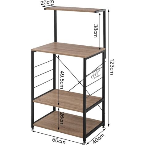 WOLTU Scaffale per Cucina in Acciaio Legno 4 Ripiani Ganci Carrello Microonde Legno+Nero