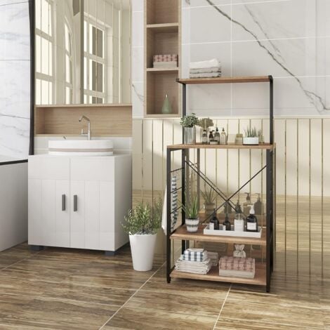 WOLTU Scaffale per Cucina in Acciaio Legno 4 Ripiani Ganci Carrello Microonde Legno+Nero