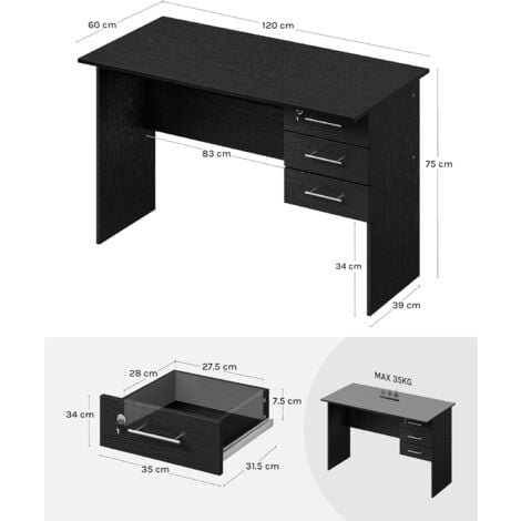 WOLTU Scrivania per Computer Scrivania con 3 Cassetti 120x60x75cm Ufficio Legno Nero