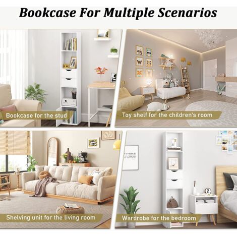 WOLTU Libreria Scaffale Moderna in Legno. Libreria Verticale con 3 Vani Aperti. 2 Cassetti e 1 Armadietto. Mobile Portaoggetti Portalibri da Terra con Ripiano Regolabile. Bianco.
