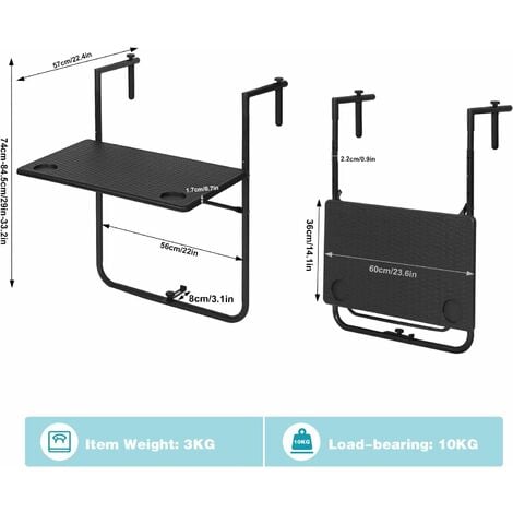 WOLTU Tavolino Pieghevole da Balcone. Tavolo Sospeso Regolabile in 3 Altezze.  Tavolo Piccolo Richiudibile. Tavolino da