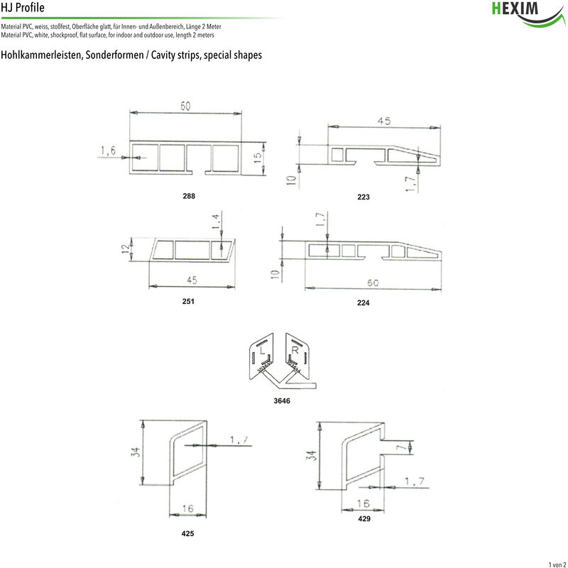 Profili a camera cava PVC bianco 2m - Profili speciali, smussati e per  ritaglio - HJ: Profilo speciale