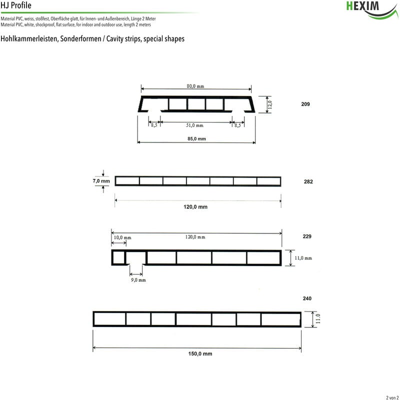 Profili a camera cava PVC bianco 2m - Profili speciali, smussati e per  ritaglio - HJ: Profilo speciale