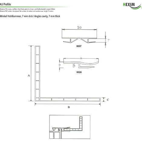 Profili a camera cava PVC bianco 2m - Profili speciali, smussati e per  ritaglio - HJ: Profilo speciale