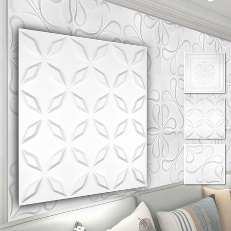 Pannelli murali 3D in plastica PVC - rivestimento murale bianco con ottica 3D - motivi floreali: 3 mq 12 pannelli, HD063