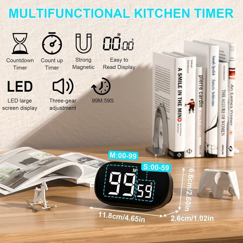 Minuterie de cuisine numérique, minuterie de cuisine, compte à rebours magnétique  avec grand écran LED et 3 niveaux de volume, dos magnétique (noir)