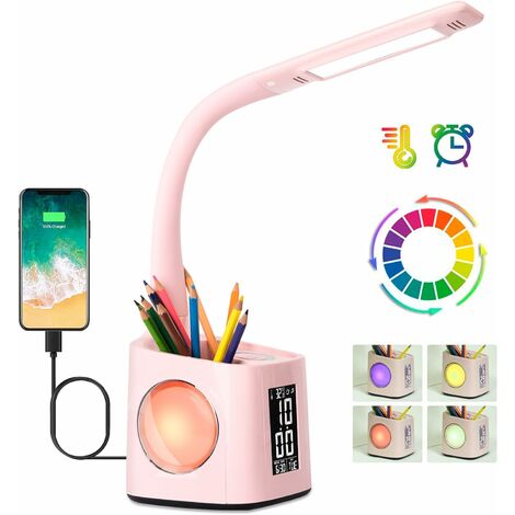 Lampe de bureau LED d'étude avec port de charge USB, écran, calendrier et  veilleuse colorée