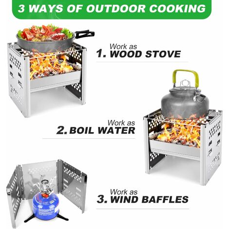 Poêle à bois de camping en acier inoxydable - Portable - Réchaud à bois -  Portable - Compact - Pour pique-nique, barbecue, camping, randonnée,  voyage, combustion efficace du bois - Four à