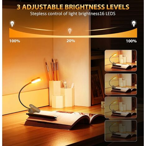 Lampe de lecture pince à livre, lampe à livre avec 16 LED, 3