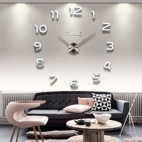Grande horloge murale auto-adhésive, silencieuse, décorative, 3D