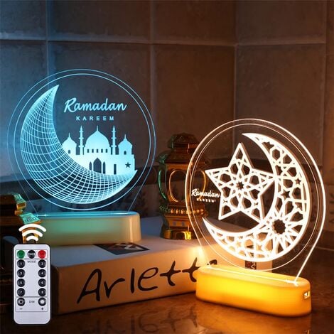 2x 3D Ramadan Décorations Lanterne Lumière 7 Changement de Couleur  Télécommande Veilleuse Islam Eid Mubarak Lampe