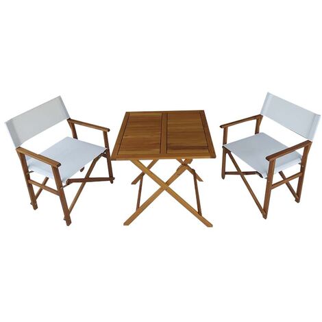GARDENIA Set pieghevole rei, composto da: 2 sedie regista 57x53xh.87 cm, con tessuto imbottito bianco, tavolo 68x68xh74 cm, struttura in legno di robinia