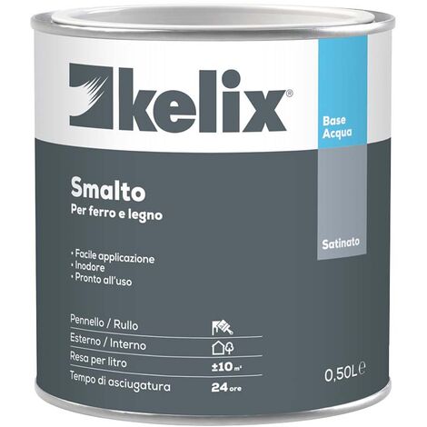 Smalto acqua kelix, pronto all'uso, indicato sia per interni che esterni, inodore, aspetto satinato, resa 10 mq/lt, conf. 0,5 lt, colori assortiti