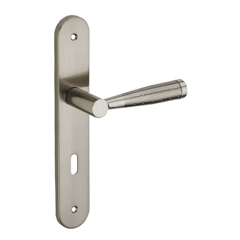 Thirard – Poignée de porte d'entrée à cylindre – Acier embouti nickelé brossé – Entr'axe 195mm – Dimensions carré 7mm – Béquilles aluminium fondu