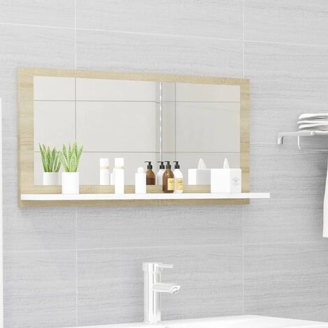 Prolenta Premium Badspiegel Weiß und Sonoma-Eiche 80x10,5x37cm Holzwerkstoff