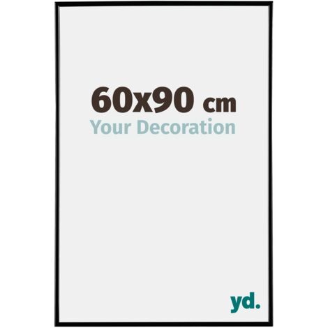 Cadre photo 60x90 cm en plastique noir brillant – Plaque de verre résistante aux UV – Système anti-reflet – Pour salon ou bureau