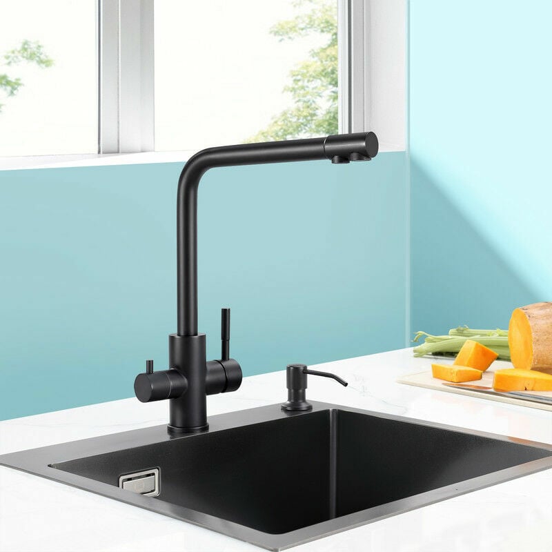 PURE-B Grifo de cocina de 3 vías, conveniente grifo mezclador 2 en 1 con 2 palancas de control separadas para agua fría/caliente y agua filtrada, acero inoxidable 304 - negro