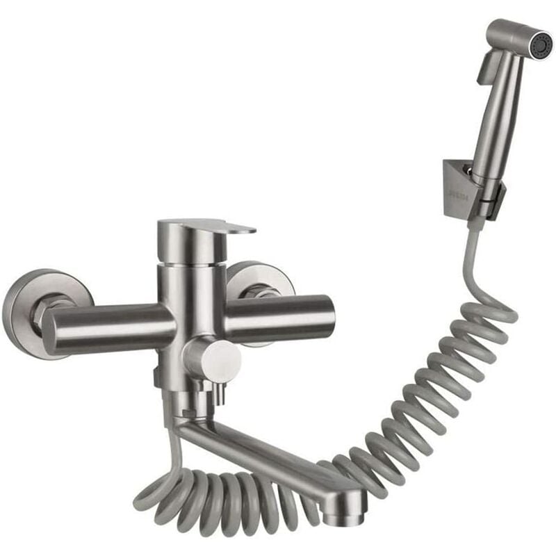 Grifo mezclador de cocina de pared con pistola pulverizadora, fregadero de cocina, grifo de acero inoxidable, agua fría/caliente, tina de lavado, giratorio