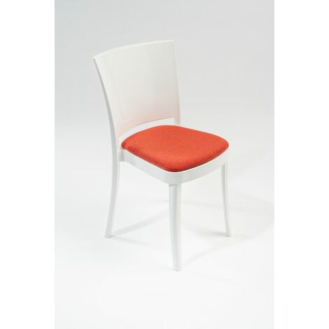 Sedia policarbonato BIANCO imbottita Lucienne - con cuscino TESSUTO TREVIRA CANVAS Colore cuscino Rosso Corallo (1/5)