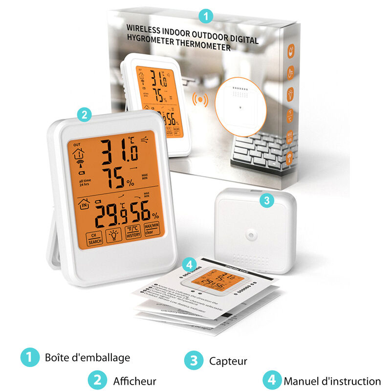 Thermomètre et Hygromètre avec 3 Capteurs Extérieurs