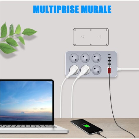 Multiprise USB, Multiprise Murale Cube 4 Sorties avec 3 Mains USB, 7 en 1  Alimentation Secteur USB avec Interrupteur, Chargeur De Power Strip Mur USB