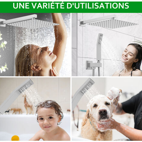 Colonne de Douche Encastrée, SDLOGAL Kit de Douche Complet Encastré avec Tête de Douche Carrée 8,0 pouces, Laiton&Acier Inoxydable, Douchette, Ensemble Douche Encastrer - Argent