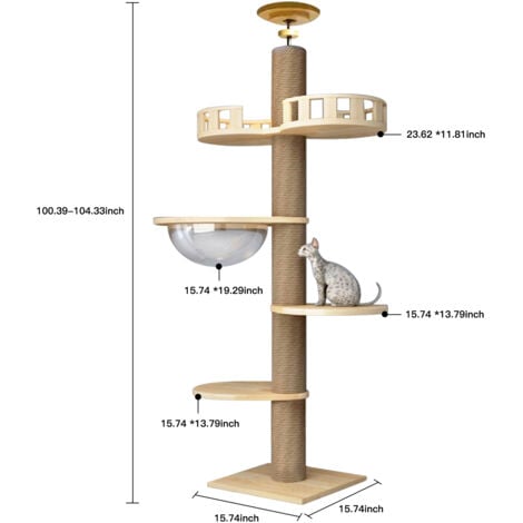Grand arbre à chat En bois, SDLOGAL, Tour de jeu 255 à 265 cm réglable, avec 5 Plateformes et Corbeille, Jouet pour chat, pour Chats et Chatons