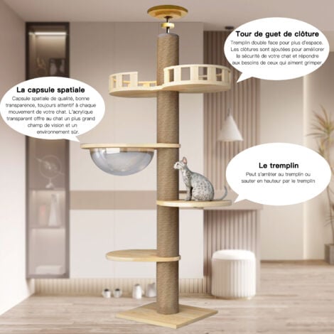 Grand arbre à chat En bois, SDLOGAL, Tour de jeu 255 à 265 cm réglable, avec 5 Plateformes et Corbeille, Jouet pour chat, pour Chats et Chatons