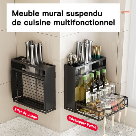Étagère de rangement de cuisine robuste - Organisateur polyvalent pour  épices et condiments - Noir, 3 étages, avec crochets et porte-baguettes