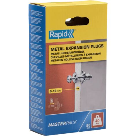 RAPID - Chevilles à Expansion Métal - 6-16mm  Lot 50  Charge Max 40 kg  Pour Cloison Plâtre, Fixation Solide pour Mur Creux - (5001563)