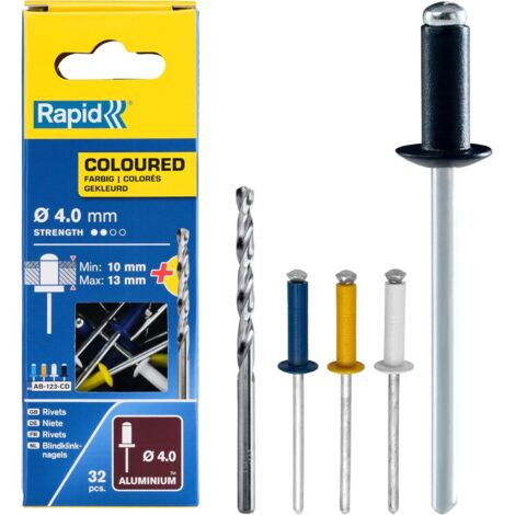 RAPID - Rivets Automobile 4 couleurs - Ø4,0 x 16mm Aluminuim - Boîte 32, fixation solide entre les matériaux, lien durable, Inclu 1 Forêt de perçage - (5000403)