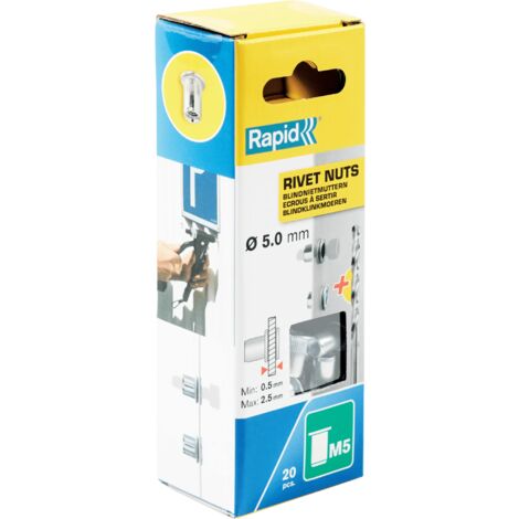 RAPID - M5 - Écrous à sertir pour vis Ø5mm, fixation métalique solide - Blister de 20 + 1 Forêt Ø7mm - (5000672)