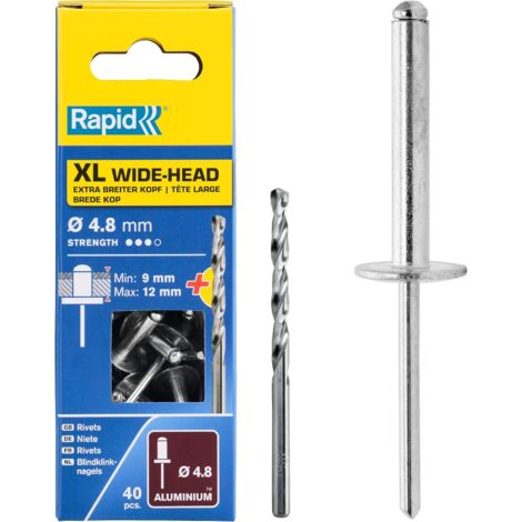 RAPID - Rivets XL - Ø4,8 x 12mm Aluminium, fixation solide entre les matériaux, lien durable - Boîte 40 + 1 Forêt de perçage - (5000664)
