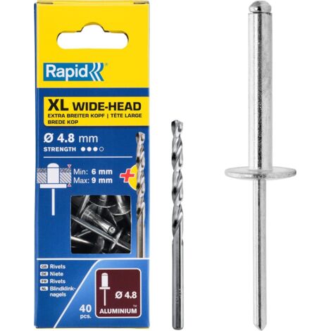 RAPID - Rivets XL - Ø4,8 x 16mm Aluminium, fixation solide entre les matériaux, lien durable - Boîte 40 + 1 Forêt de perçage - (5000665)
