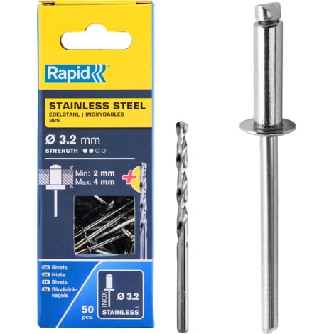 RAPID - Rivets Acier Inoxydable - Ø3,2 x 8mm - Boîte 50, fixation solide entre les matériaux, lien durable, extérieur, Inclu 1 Forêt de perçage - (5000393)