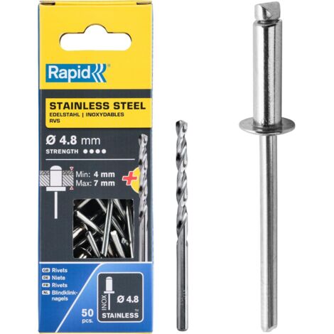 RAPID - Rivets Acier Inoxydable - Ø4,8 x 10mm - Boîte 50, fixation solide entre les matériaux, lien durable, extérieur, Inclu 1 Forêt de perçage - (5000396)
