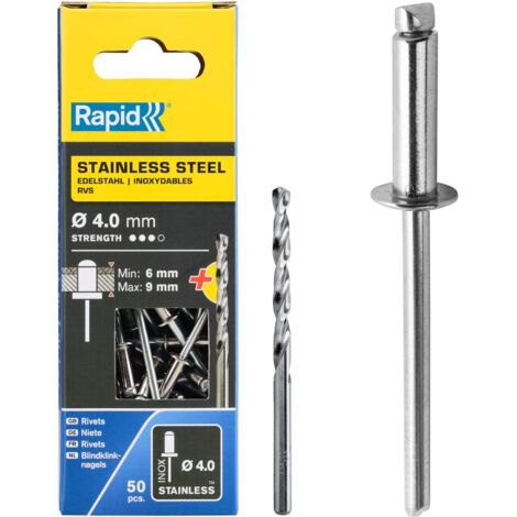 RAPID - Rivets Acier Inoxydable - Ø4,0 x 12mm - Boîte 50, fixation solide entre les matériaux, lien durable, extérieur, Inclu 1 Forêt de perçage - (5000394)