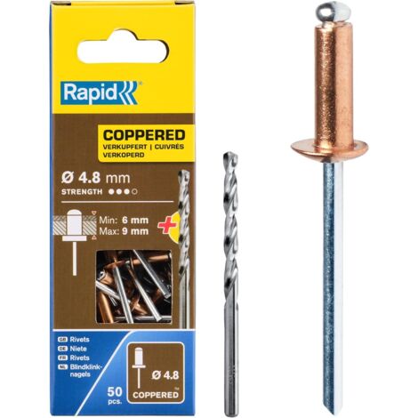 RAPID - Rivets Cuivre - Ø4,8 x 12mm - Boîte 50, fixation solide entre les matériaux, lien durable, extérieur, Inclu 1 Forêt de perçage - (5001467)
