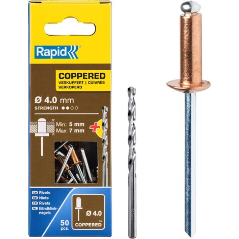 RAPID - Rivets Cuivre - Ø4,0 x 10mm - Boîte 50, fixation solide entre les matériaux, lien durable, extérieur, Inclu 1 Forêt de perçage - (5001462)