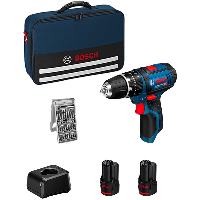 Perceuse à percussion 12V BOSCH GSB 12V-15 - 2 batteries Li-Ion 2Ah + chargeur + sacoche de transport + 25 accessoires - 06019B690K