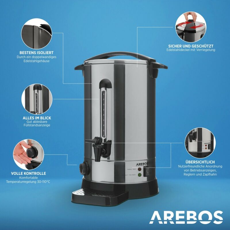 Arebos Glühweinkocher 20 Liter, 1650W – Mit Thermostat (30-110°C), Zapfhahn & Überhitzungsschutz