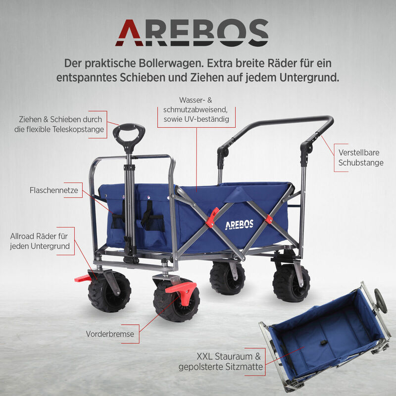AREBOS Bollerwagen Faltbar Handwagen Klappbar mit Teleskop Schubstange Blau 