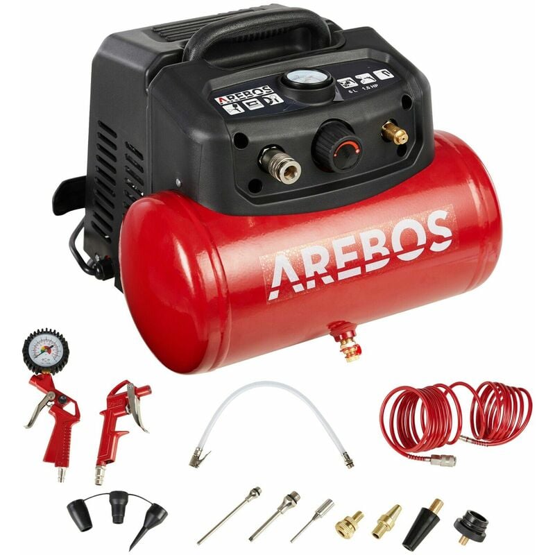 AREBOS Arebos Abschaltautomatik Druckluft-Werkzeug-Set inkl. 13-tlg. Extra Luftschlauch 6L Luftkompressor 1200W bar Druckluftkompressor langer ölfrei 8 Kompressor