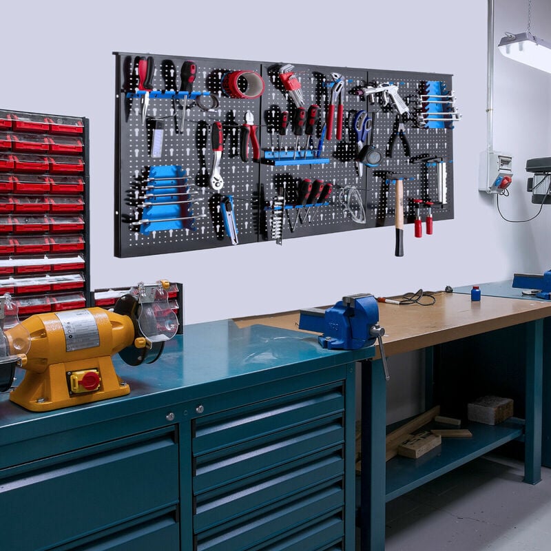 AREBOS Werkzeugwand dreiteilig 17-teiliges Hakenset Blau 120 x 60 x 2 cm  Werkzeug Lochwand aus Metall + Halterungen + Montagematerial