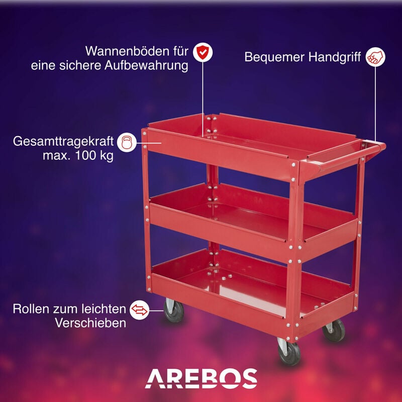 Rot Fächer Flexible Werkstatt-Rollwagen zu Werkzeugwagen bis kg 3 Rollen AREBOS 100 Montagewagen Belastbarkeit