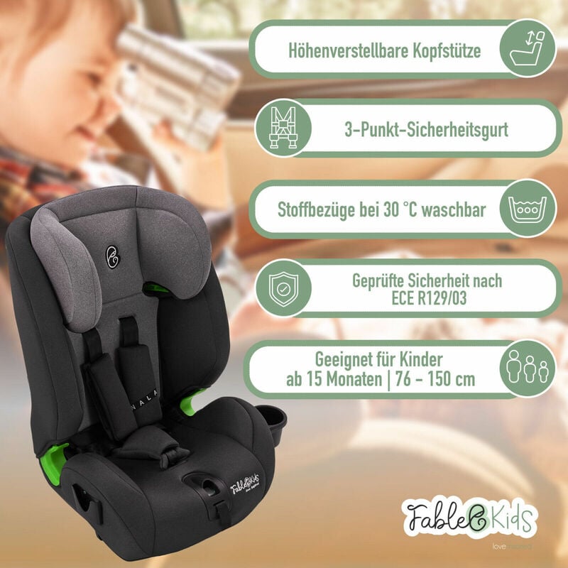 FableKids Kinderautositz mit Isofix Autokindersitz ab 15 M. Autositz für  Kinder 76-150 cm 3-Punkt-Sicherheitsgurt 8-fach einstellbare Kopfstütze &  Becherhalter ECE R129/03 Grau