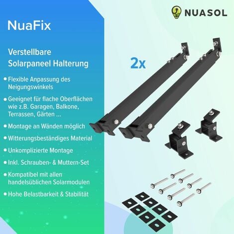 NuaSol Balkonkraftwerkhalterung 2er Set  Verstellbare Solarpanel Halterung für PV-Anlagen 4 Stück  Neigungswinkel 15-30°  Länge einstellbar 390-693 mm  inkl. Montagematerial  Schwarz