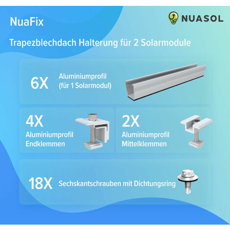 NuaSol PhotovoltaikTrapezblechdach Montageset  Befestigung, Halterung f�r 2 Module  U-Profil 20cm  Solarpanel Halterung mit Endklemme & Mittelklemme & Schrauben f�r 30 &35 mm Solarmodule geeignet