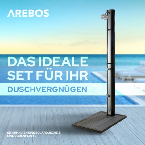 AREBOS Solardusche 35L & Bodenplatte in Anthrazit inklusive Abdeckhaube